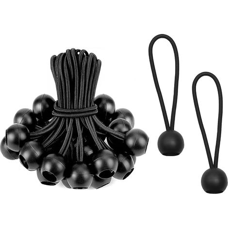 30 Pièces Tendeur Élastique avec Boule, 10 cm Tendeur pour Bâche avec Balle en PP, Corde élastique Noire de Fixation pour Camping, Tente, Auvent, Voile D'ombrage et Rideaux (1/5)