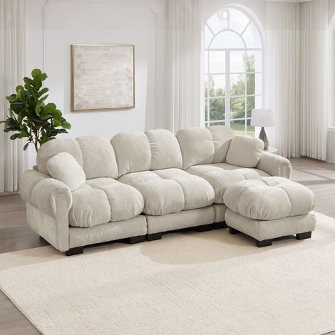 Canapé d'angle 3 places Cloud, comprenant un pouf amovible et 2 petits coussins décoratifs, design matelassé raffiné, coussins d'assise épais, moelleux et offrant un bon maintien, facile à monter, idé (1/4)