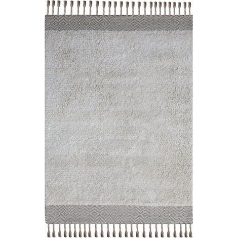 Tapis en Laine Fait Main avec Motifs Zigzag et Franges, Ivoire et Beige, 120 x 180 cm - PANGIVO (1/3)