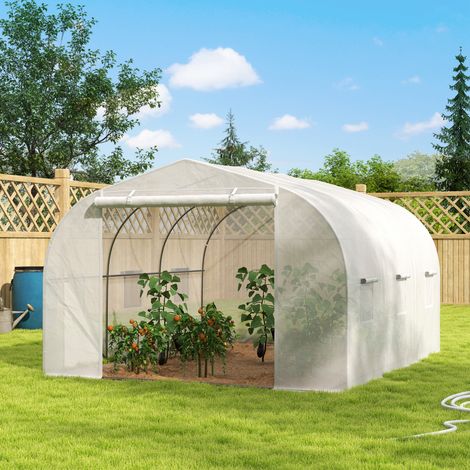 Gewächshaus, Tunnelgewächshaus mit 6 Fenstern und Rolltor, Gemüsegartengewächshaus aus Stahl und Polyethylen, 3,5 x 3 x 2 m, Weiß