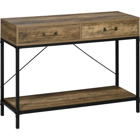 Console industrielle avec 2 tiroirs et étagère en bois et métal 100x35x76,5 cm brun noir pour salon et entrée (1/5)