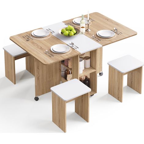Ensemble Table à Manger pliante avec 4 Chaises,Table de cuisine avec 2 Etagères de Rangement et Roues Verrouillables,120 x 80 x 80 cm,Naturel et Blanc, Mondeer