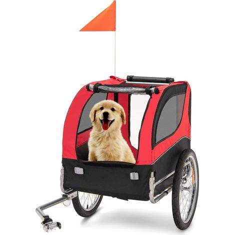 COSTWAY Rimorchio Bici per Animali, Carrello per Bicicletta per Cani di Piccola e Media Taglia con Ruote da 50cm e Tettuccio Apribile, Portata 40 kg, 60,5 x 135 x 95 cm (Rosso)
