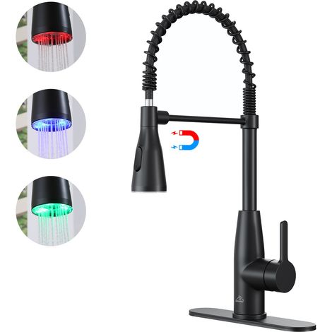 Robinet de cuisine à ressort magnétique LED, noir mat, mitigeur monocommande, montage sur plage, avec douchette (plaque de montage incluse) (1/4)