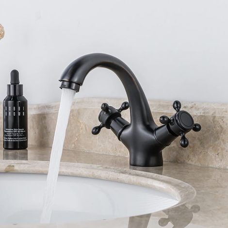Rubinetto per lavabo in ottone, miscelatore a due maniglie, rubinetto per lavabo da bagno con maniglia a croce, nero (1/5)