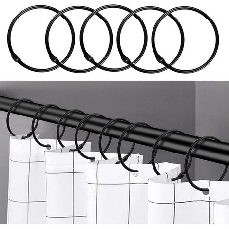 24 rustproof shower curtain hooks – Black metal – 64mm opening – For standard 0.8" to 1.25" rods – Quick installation (1/5)