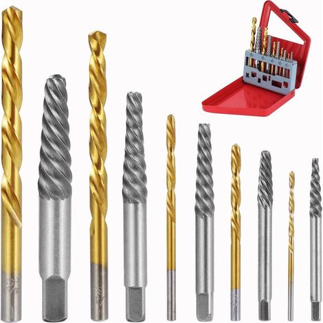 Gotrays – Lot de 10 extracteurs de vis en acier au carbone – Forets hélicoïdaux et mèches impériales – Boîtier en fer suspendu inclus (1/5)