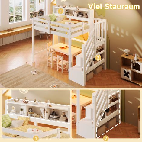 Lit mezzanine 90x200 cm, blanc, avec éclairage LED, grand rangement sous le lit, échelle avec étagère, casier ouvert, sans matelas. (1/5)