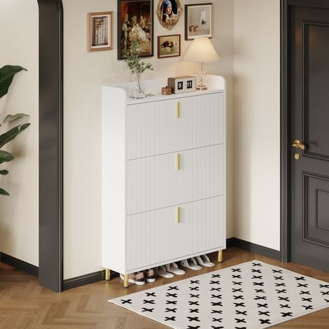 Meuble à chaussures 80x23,5x123,5 cm en panneaux de bois blanc, gain de place pour entrée FloraGrace (1/5)