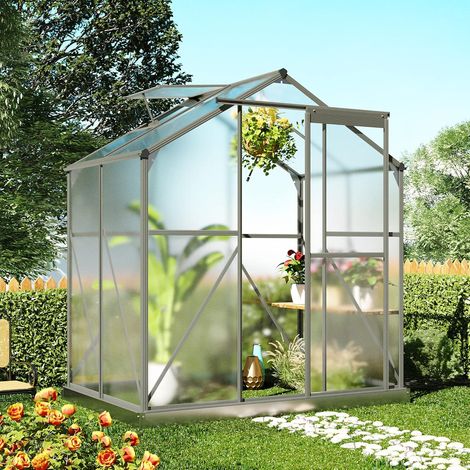 Four-season aluminum garden greenhouse, polycarbonate chalet with base and window for seedlings, plants and plants outdoors (1.2 x 1.8 m, grey) (1/5)