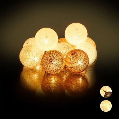 Relaxdays Guirlande Lumineuse LED, 10 Boules Coton, Fonction Piles, Lumières d’Ambiance, Sphères Ø6 cm, Blanc-Gris-Marron (1/5)