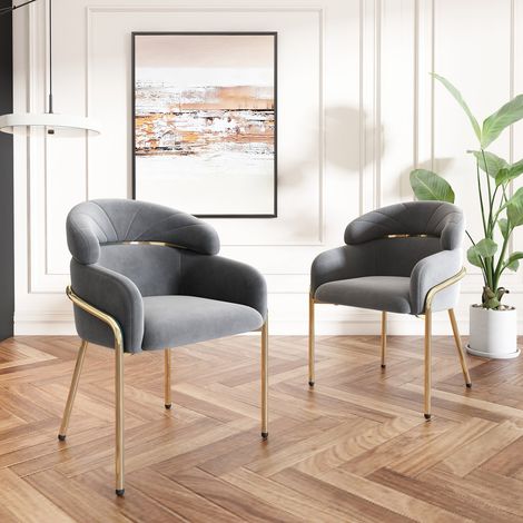Lot de 2 chaises velours gris - Salle à manger, salon ou chambre - Pieds métal luxe léger - Confort loisirs élégant - 4 pieds (1/5)