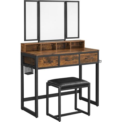 VASAGLE RVT004B01 - Set di mobili sotto lo sgabello imbottito, con specchio tripper, 3 cassetti, supporto per asciugacapelli, tavolo da toeletta, stile industriale, marrone rustico e nero (1/5)