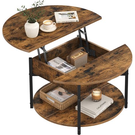 Table Basse Ronde avec Plateau Relevable et Compartiment Caché 80 x 80 x 45 cm Marron Rustique et Noir (1/5)