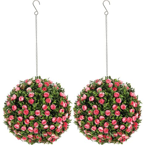 Set of 2 Decorative Artificial Plants, UV-protected Artificial Plant Topiary Rose Balls, Fake Plants for Home Indoor outdoor Decor, 28cm, Pink