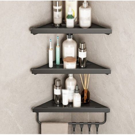 Étagère d'angle de salle de bain noire à trois niveaux sans perçage, 30233.2 cm, hauteur des étagères réglable librement