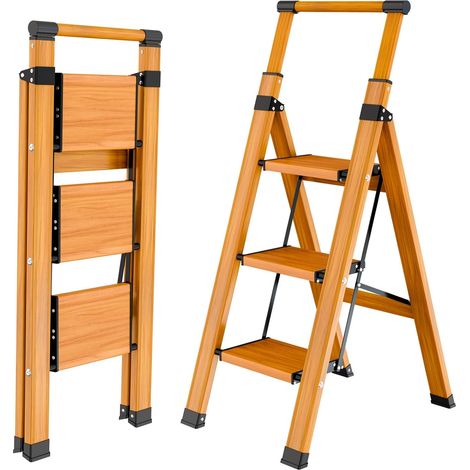 Échelle d'escalier Pliable à 3 marches, Antidérapante, Escabeau Portable, avec Main Courante Extensible, Échelle Multifonction, Grain de Bois, Échelle Pliante en Aluminium jusqu'à 150 kg (1/5)