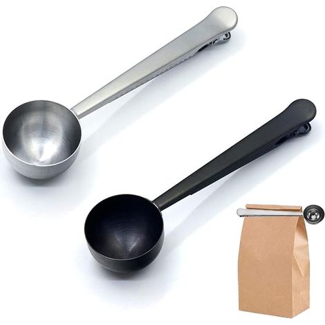 Cuillère à café, cuillère à café en acier inoxydable avec clip, cuillère à mesurer pour café moulu et grains, lot de 2 (noir + argent). (1/5)