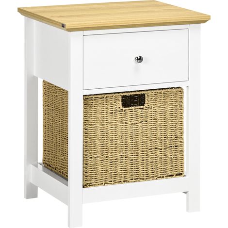 Table de chevet avec tiroir et panier pliant en rotin pour salon chambre 49x39x64 cm Blanc et naturel (1/5)