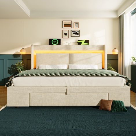 Bett 160x200 Stauraum LED USB Beige Leinen HAVRYA (1/5)