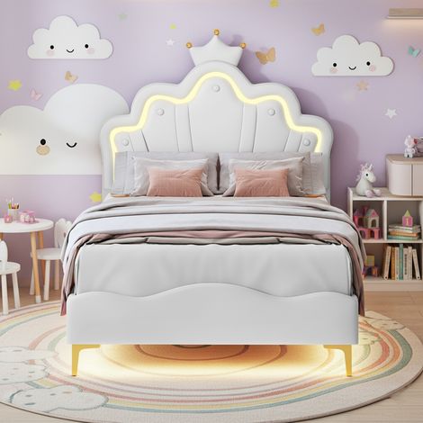 Lit enfant Princesse 90x200, lit fille, lit simple, tête de lit couronne avec bande lumineuse LED, sommier à lattes en bois massif, PU - Blanc