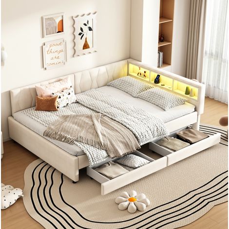 Letto in lino beige 140x200 cm con rete a doghe, LED, USB e Tipo-C, 2 cassetti e vani testiera (1/5)