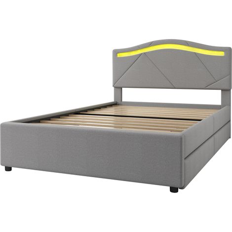 Cama tapizada 90x200 cm con somier de láminas, LED, 2 cajones, cabecero ajustable, gris (1/5)