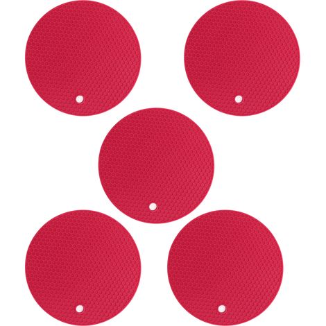 Lot de 5 Dessous de Plat en Silicone Rond, Résistant Chaleur 230°C, Antidérapant, Ø18cm, Rouge, Protection Plan de Travail Cuisine (1/5)