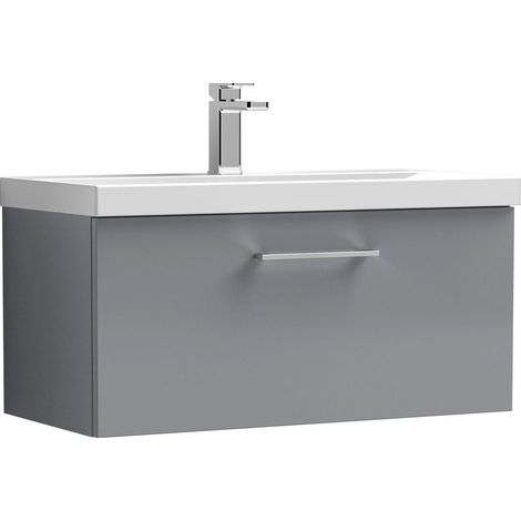 Balterley Contemporary Bathroom 1 Soft Close Drawer & Thin-Edge Wall Hung Vanity Unit Basin, Satin Grey, 800mm