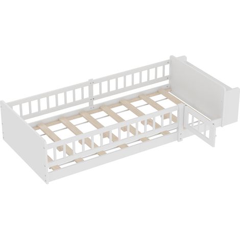 Lit enfant 90x200 cm, lit en bois de pin blanc avec barrière de sécurité, armoires de rangement et étagères, sans matelas (1/5)