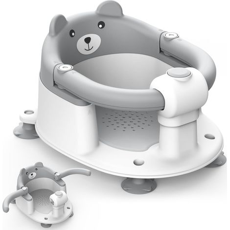 Ergonomischer Babybadesitz, Badesitz für Babys ab 6 Monaten, tragbare Badewanne mit 4 Saugnäpfen für Kleinkinder und Neugeborene, Bärenmotiv (Grau)