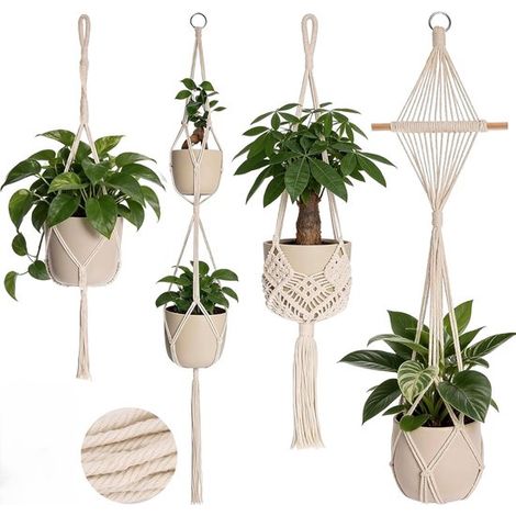 Suspensions pour plantes en macramé 4 pièces – Supports de pots en coton tressé style bohème – Pour plantes d’intérieur balcon jardin et décoration de fenêtre – Blanc (1/5)