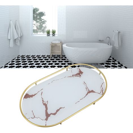 Étagère de rangement pour salle de bain, plateau de lavabo, fond blanc à motifs dorés, forme ovale (1/5)