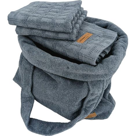 Parure de bain gaufré 6 pièces collection DENIM pur coton bleu (1/5)