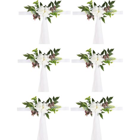 Lot de 6 décorations de chaises de mariage avec fleurs artificielles blanches, pour allée nuptiale. Motifs floraux et feuillages.