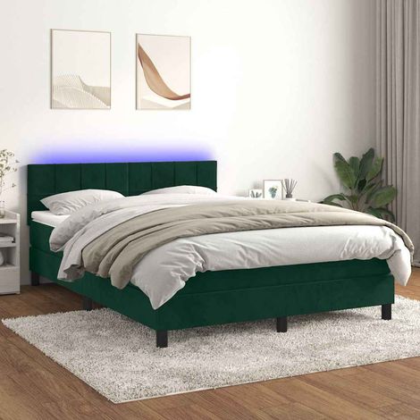 Cama box spring colchón y LED terciopelo verde oscuro 140x200cm (1/5)