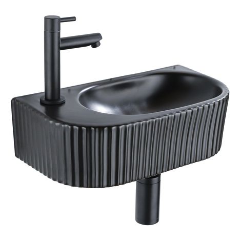 QeramiQ Fuente Ensemble de lavabo - 40x21.5x12cm - gauche - rainuré - demi-rond - 1 trou de robinet - céramique - robinet de lavabo noir mat - bonde - (1/5)