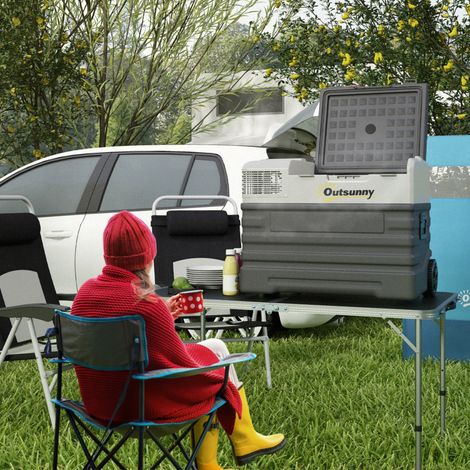 Glacière électrique à compression 56L portable avec modes ECO/MAX. tige télescopique et roulettes. noir
