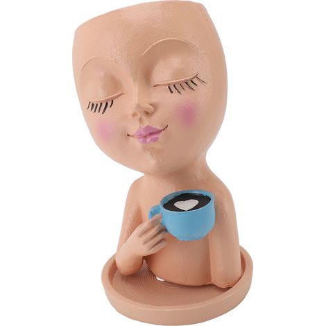 Cache-pot visage en résine petit mignon original avec tasse café et trou drainage pour plantes grasses cactus déco intérieur extérieur jardin orange (1/5)