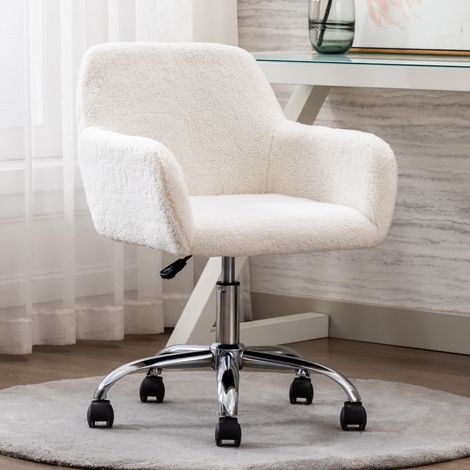 Chaise de bureau en velours blanc, réglable en hauteur et pivotante à 360°, assise ergonomique avec roulettes, fauteuil de maquillage confortable pour chambre ou bureau – CHICFURN (1/5)