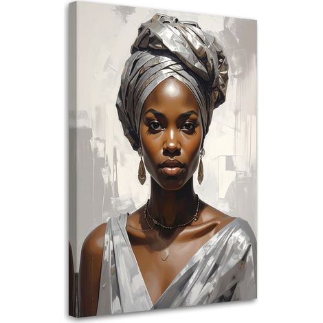 Cuadro sobre Lienzo, Retrato de una mujer con turbante plateado en estilo glamour, 20x30 (1/5)