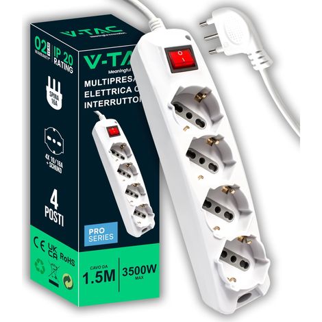 V-TAC Multipresa Elettrica 4 POSTI con Interruttore e Cavo da 1,5 Metri - 4 Prese 10/16A Bipasso + Schuko - Spina 16A - Ciabatta Presa Elettrica per Casa, Ufficio, Negozio - Colore Bianco (1/5)