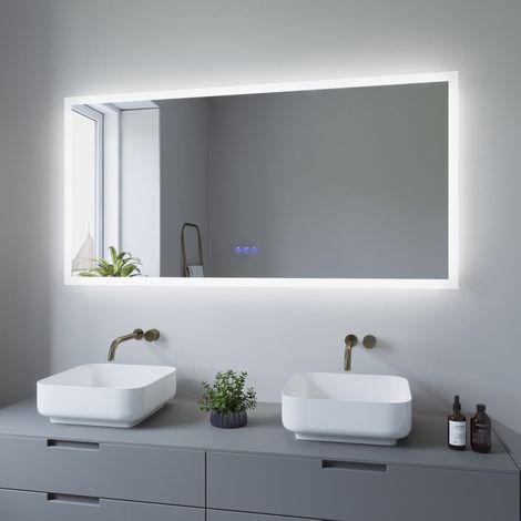 Großer Badspiegel mit LED Beleuchtung 140x70cm ECHOS Typ C Touch Sensor Dimmbar Spiegelheizung Kaltweiß 6400K Warmweiß 3000K (1/5)