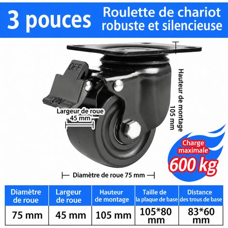 Roulette industrielle à profil bas avec frein 3 pouces 75 mm charge 300 kg 3 45mm 300kg 105mm 10 × 8 × 10 cm 980 g – Livraison gratuite