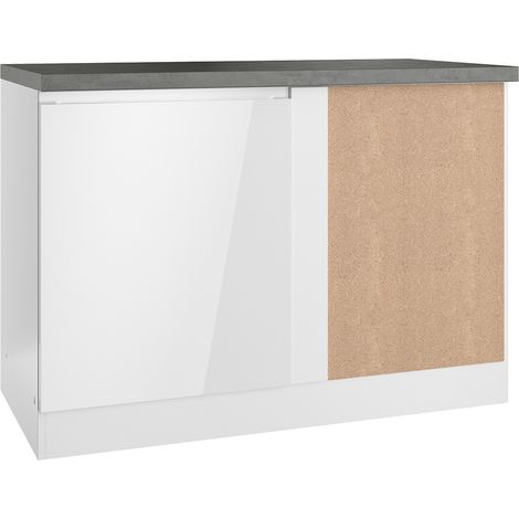 Eckunterschrank 120 cm in Hochglanz weiß, Arbeitsplatte Betonoptik MARSEILLE-03 (1/5)