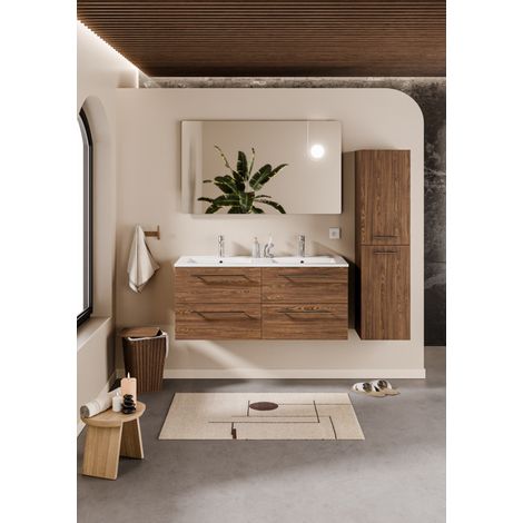 Sanitaire – Meuble double vasque suspendu 120 cm – Chêne Héritage – 4 tiroirs avec ralentisseurs – Miroir LED antibuée 120 cm (1/5)