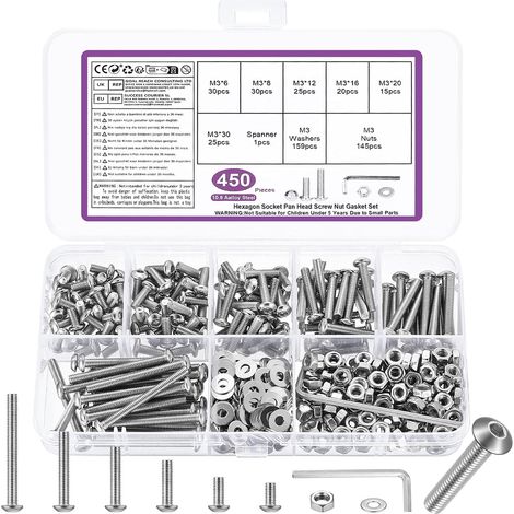 450 Pcs M3 Set di Vis et Écrous，Assortiment de Vis à Tête Creuse Hexagonale (1/5)