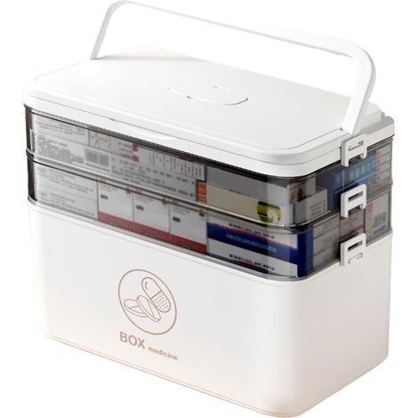 Boîte de rangement pour médicaments avec poignée, boîte à pharmacie portable à 3 couches avec couvercle, boîte de rangement à plusieurs compartiments et armoire à pharmacie pour la maison (1/5)