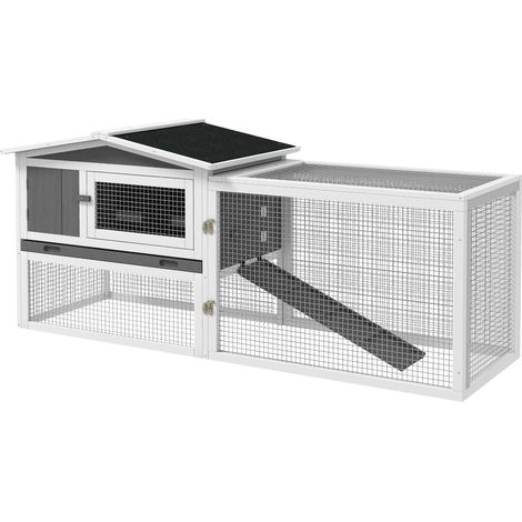 Cage à lapin - PawHut - 2 étages et tiroir déjection - enclos extérieur amovible toit ouvrant - bois massif pin - 156x58x68cm - gris