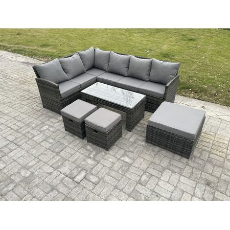Fimous 9 Seater Outdoor Rattan Garden Furniture Set Corner Sofa Oblong Coffee Table Sets with Patio 3 Footstools Dark Grey Mixed